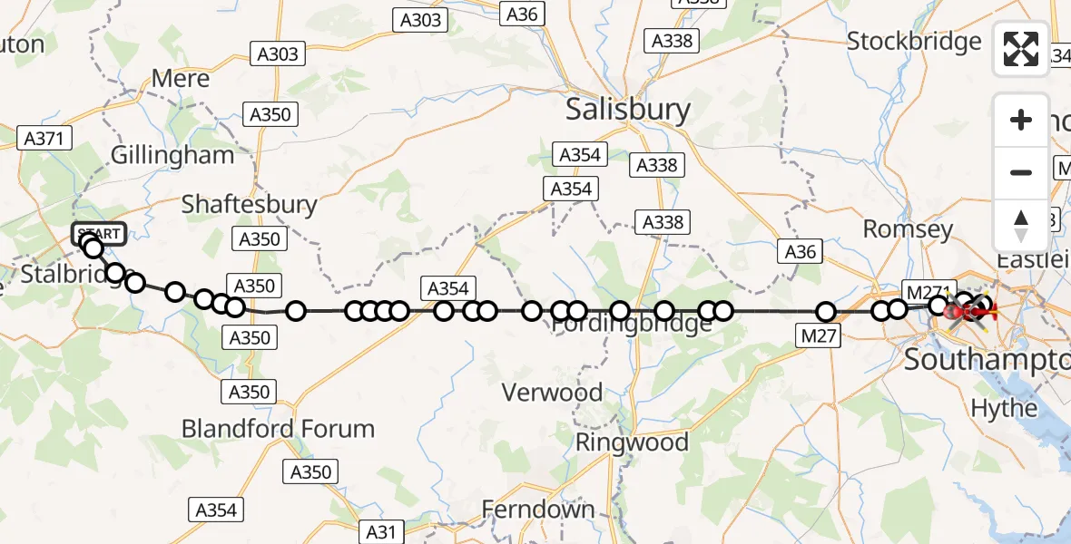 Flight route Air Ambulance Helicopter Henstridge Airfield - University Hospital Southampton, 13 August 2026, 23:45