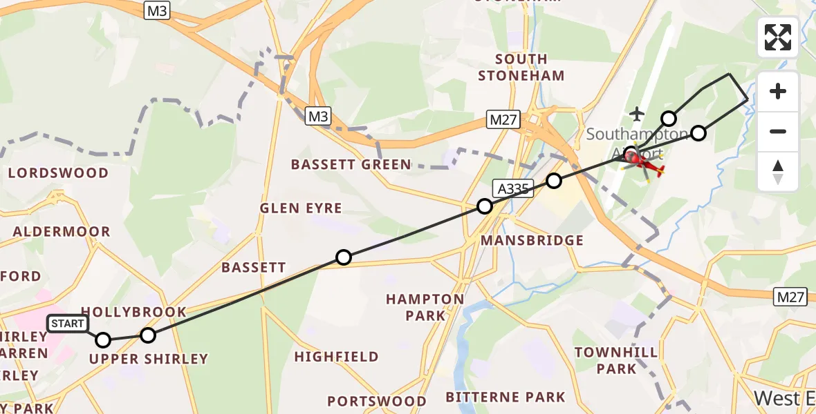 Flight route Air Ambulance Helicopter University Hospital Southampton - Southampton Airport, 13 August 2026, 23:54