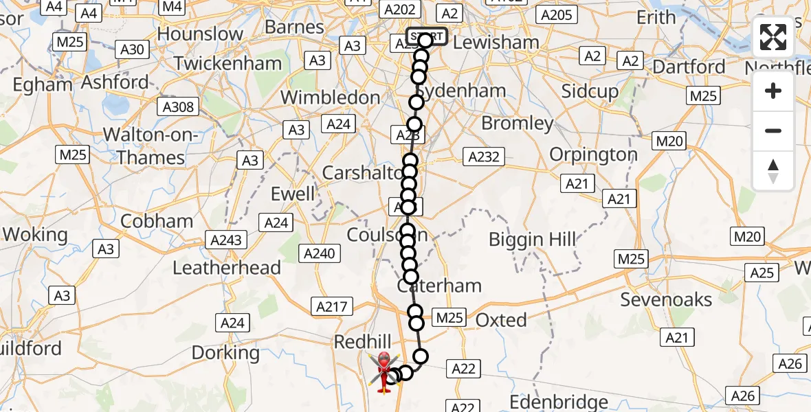 Flight route Air Ambulance Helicopter Kings College London Hospital - Redhill Aerodrome, 14 August 2026, 00:28