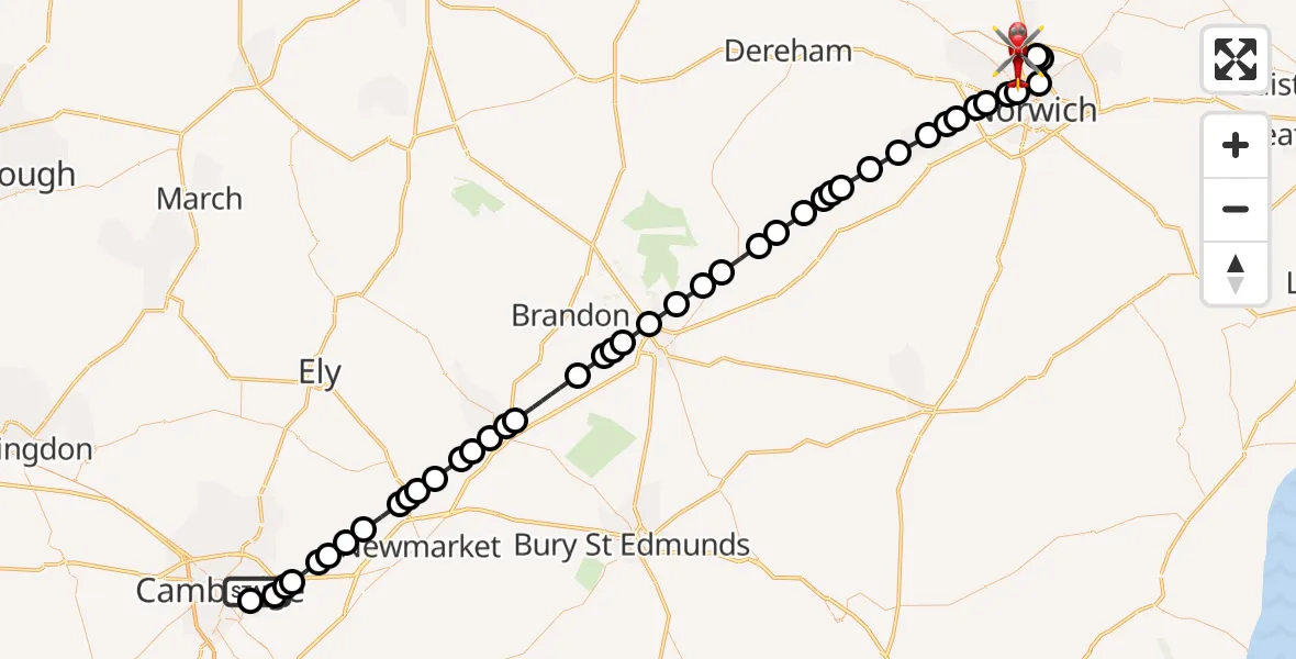Flight route Air Ambulance Helicopter Cambridge City Airport - Norwich Airport, 14 August 2026, 00:43