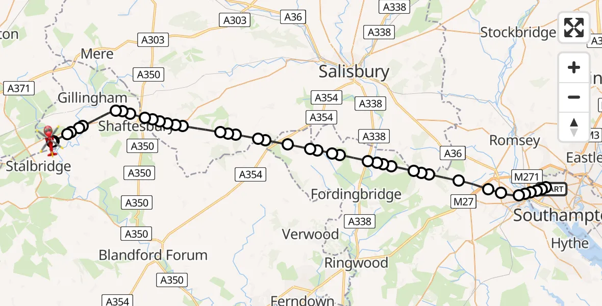 Flight route Air Ambulance Helicopter University Hospital Southampton - Henstridge Airfield, 14 August 2026, 00:44