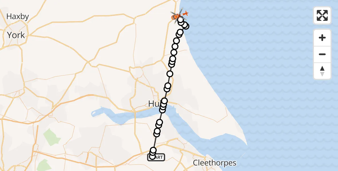 Flight route Coastguard Helicopter Humberside Airport - Barmston, 14 August 2026, 01:33