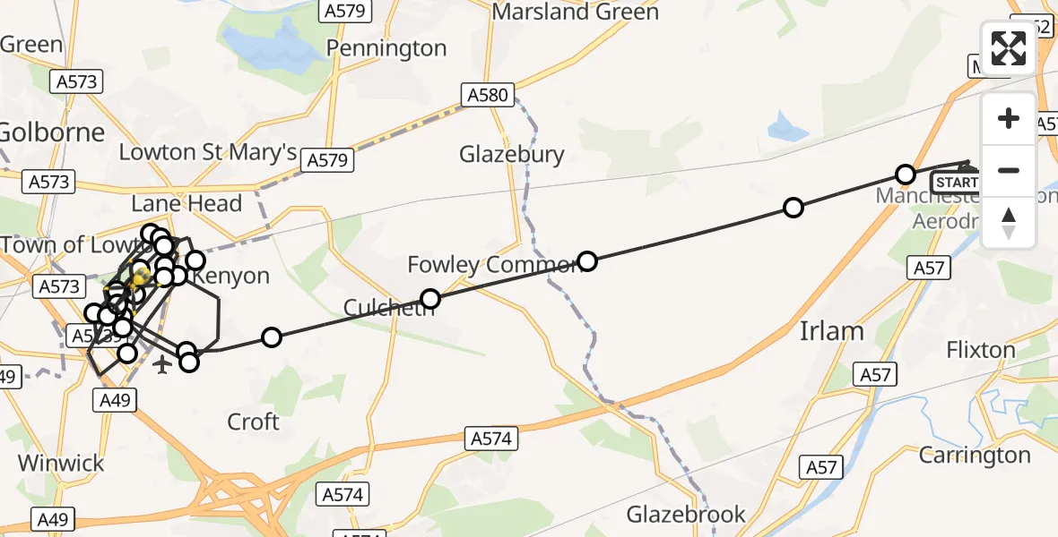 Flight route Police Helicopter Manchester Barton Aerodrome - Kenyon Hall Farm Airstrip, 14 August 2026, 02:02