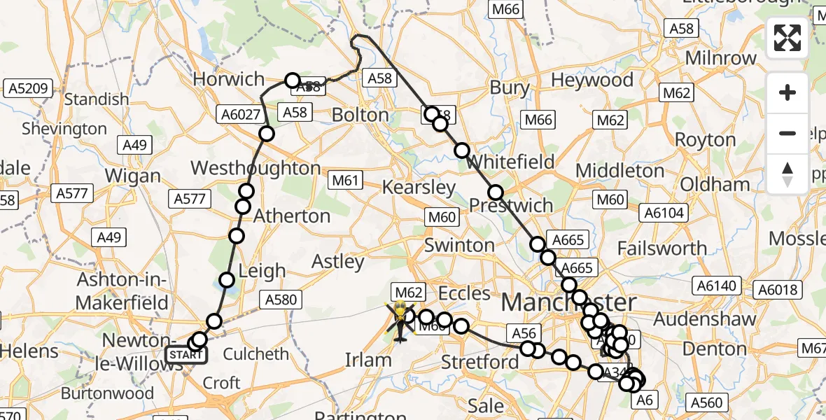 Flight route Police Helicopter Kenyon Hall Farm Airstrip - Manchester Barton Aerodrome, 14 August 2026, 02:28