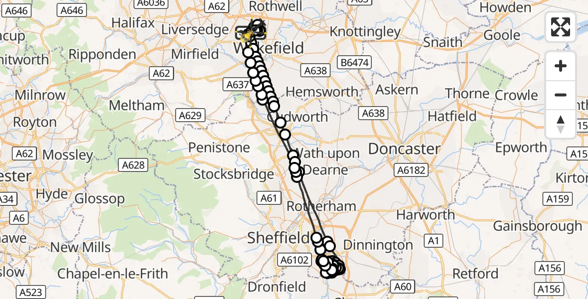 Flight route Police Helicopter East Ardsley - East Ardsley, 14 August 2026, 03:13