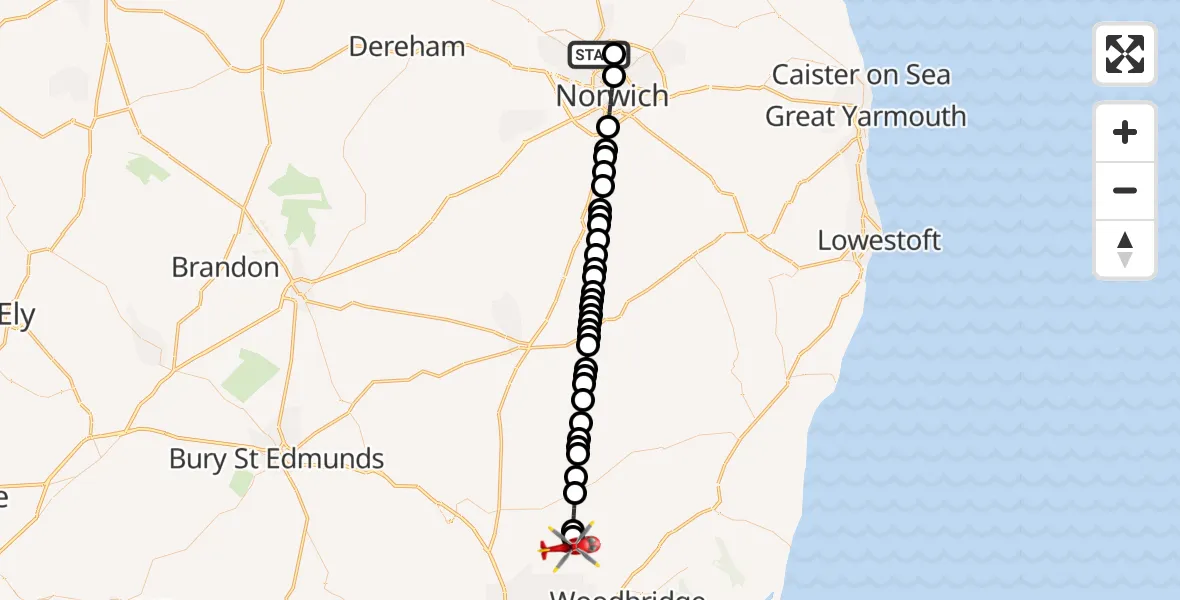 Flight route Air Ambulance Helicopter Norwich Airport - Otley, 14 August 2026, 03:41
