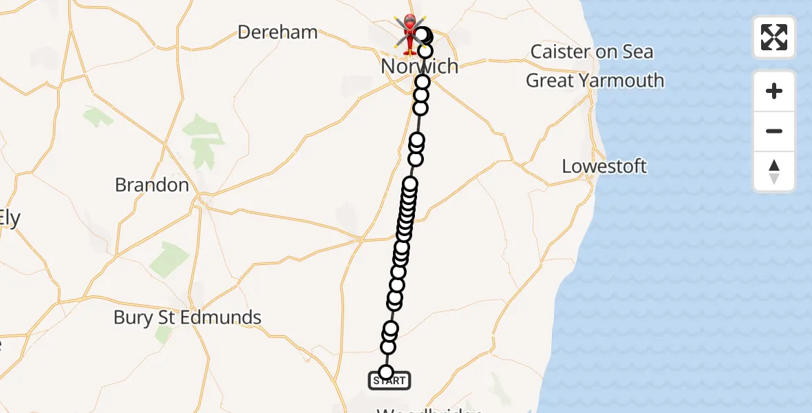 Flight route Air Ambulance Helicopter Otley - Norwich Airport, 14 August 2026, 05:10