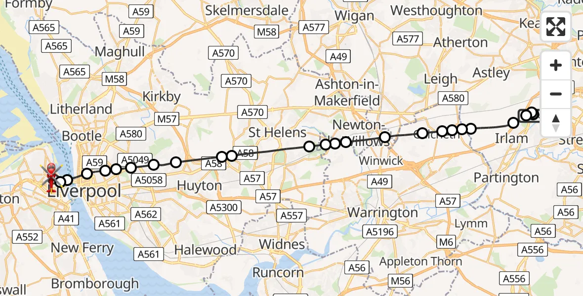 Flight route Air Ambulance Helicopter Manchester Barton Aerodrome - Wallasey, 14 August 2026, 06:43