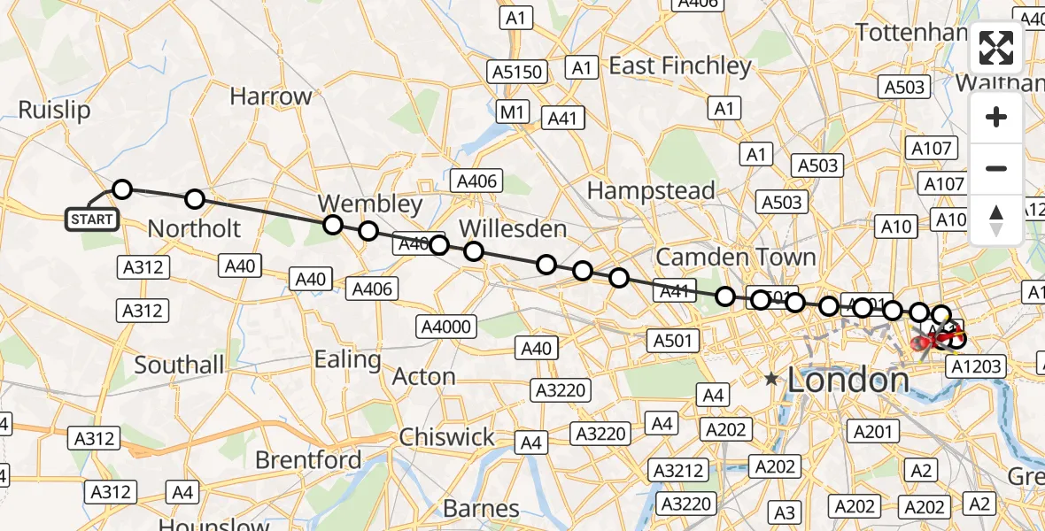 Flight route Air Ambulance Helicopter RAF Northolt - Royal London Hospital, 14 August 2026, 06:45
