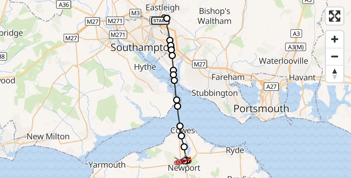 Flight route Air Ambulance Helicopter Southampton Airport - Newport, 14 August 2026, 06:53