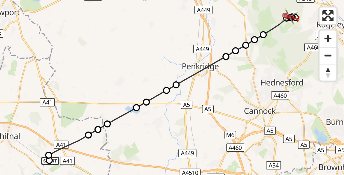 Flight route Air Ambulance Helicopter RAF Cosford - Stafford, 14 August 2026, 07:05