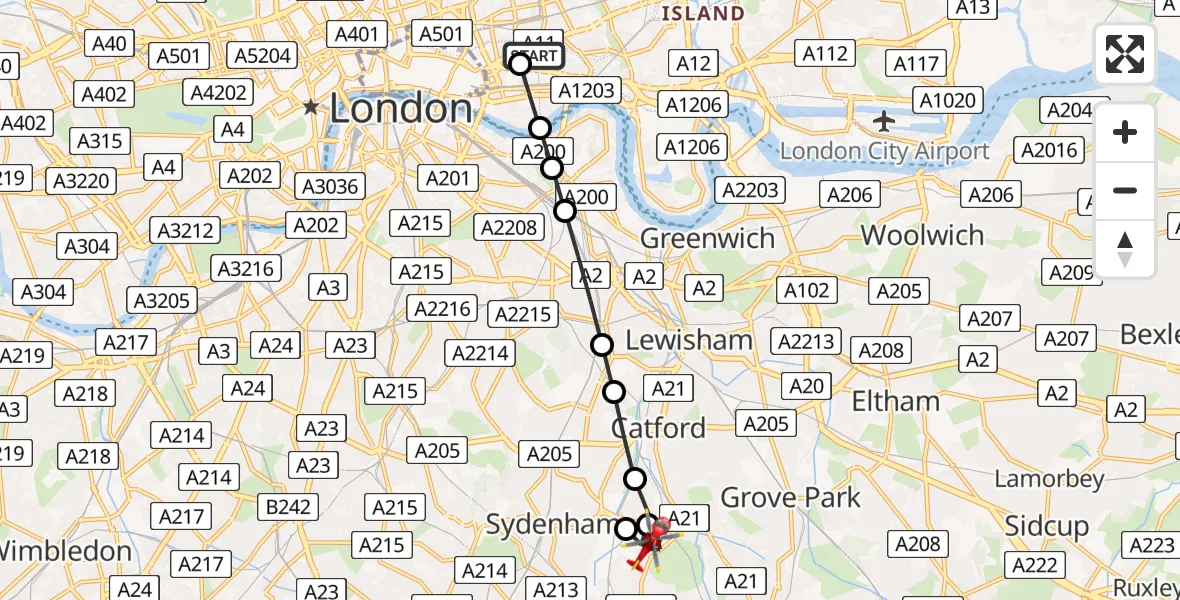 Flight route Air Ambulance Helicopter Royal London Hospital - Southend, 14 August 2026, 07:05