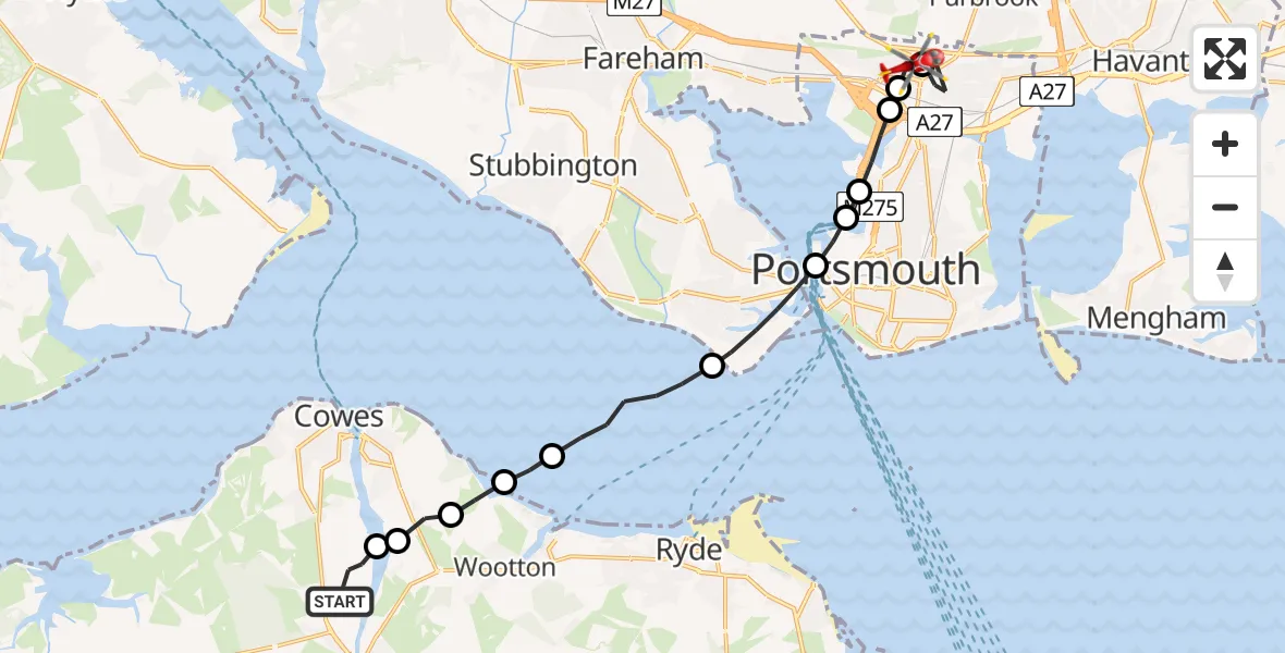 Flight route Air Ambulance Helicopter Newport - Queen Alexandra Hospital, 14 August 2026, 07:38