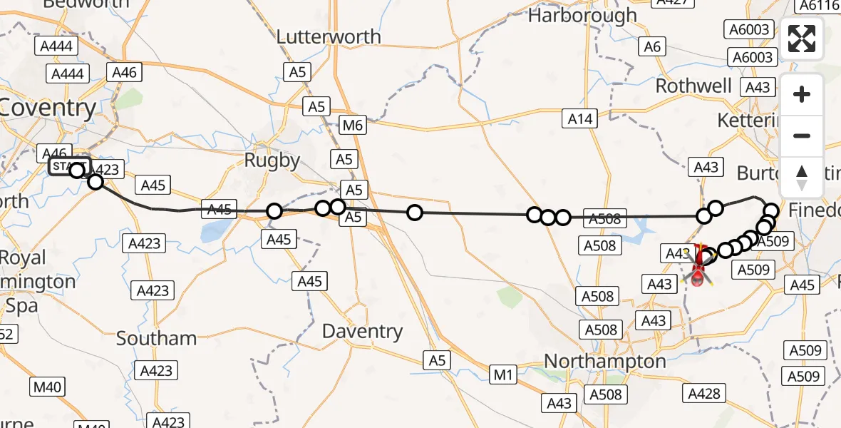 Flight route Air Ambulance Helicopter Coventry Airport - Sywell Aerodrome, 14 August 2026, 07:42