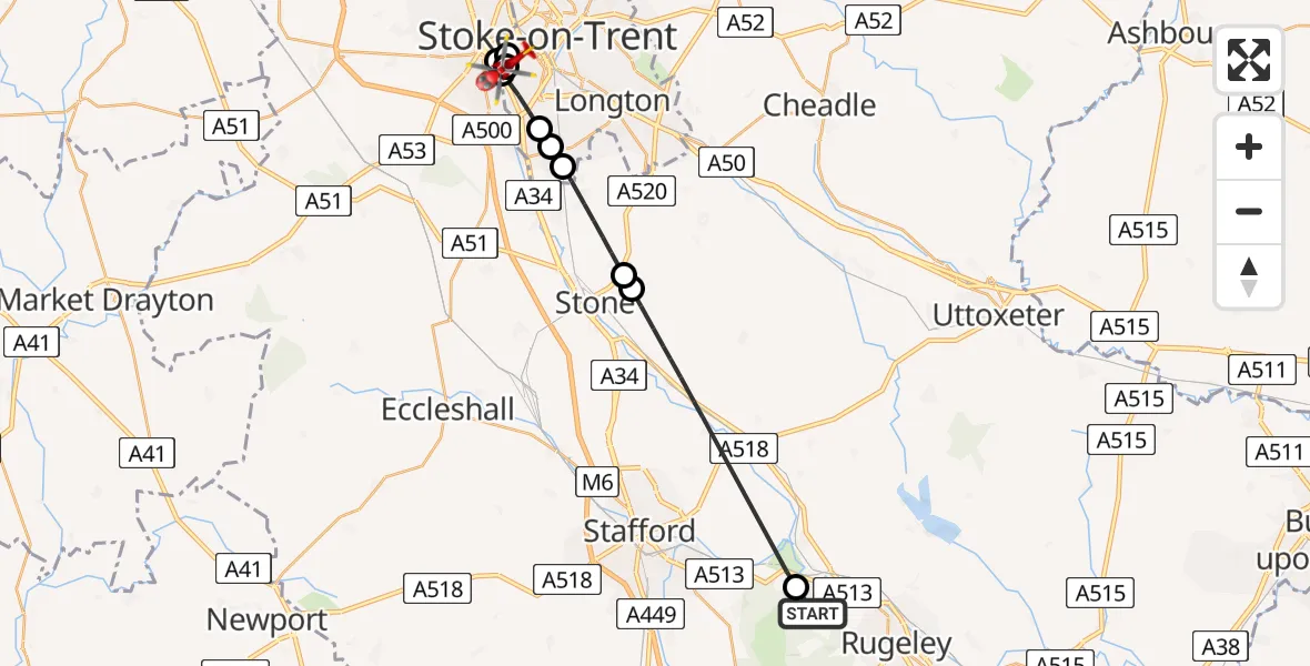 Flight route Air Ambulance Helicopter Stafford - University Hospital North Staffs, 14 August 2026, 07:50