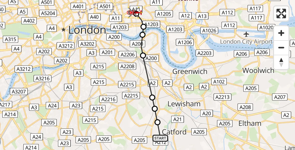Flight route Air Ambulance Helicopter Honor Oak - Royal London Hospital, 14 August 2026, 07:53