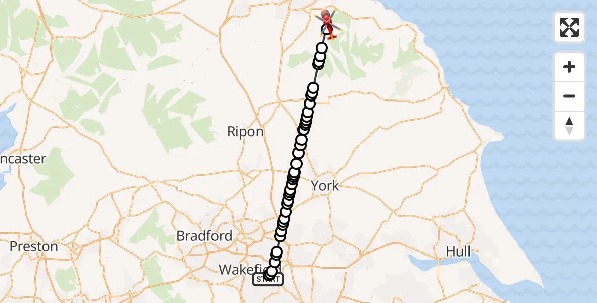 Flight route Air Ambulance Helicopter YAA Nostell Helicopter Port - Kildale, 14 August 2026, 08:17