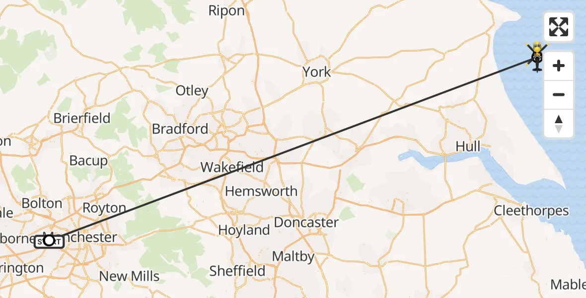 Flight route Police Helicopter Manchester Barton Aerodrome - North Sea, 14 August 2026, 08:20