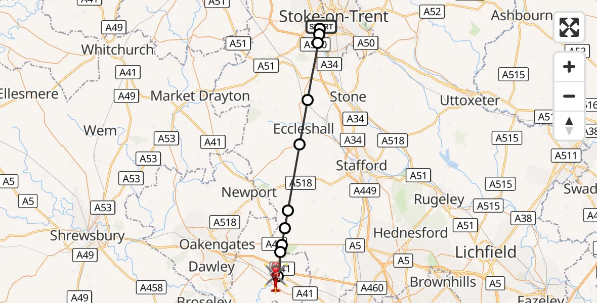 Flight route Air Ambulance Helicopter University Hospital North Staffs - Cosford, 14 August 2026, 08:25