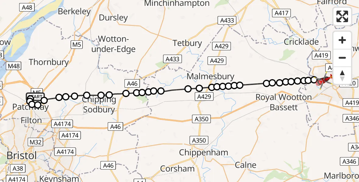 Flight route Air Ambulance Helicopter Almondsbury Helicopter Base - Swindon, 14 August 2026, 08:33