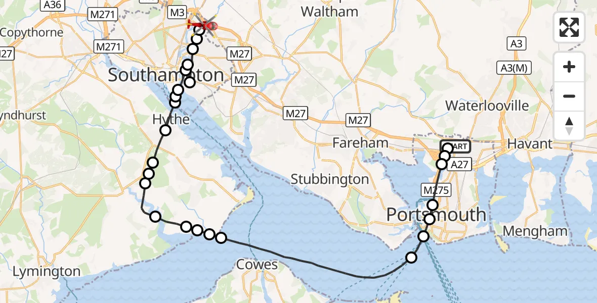 Flight route Air Ambulance Helicopter Queen Alexandra Hospital - Townhill Park, 14 August 2026, 08:43