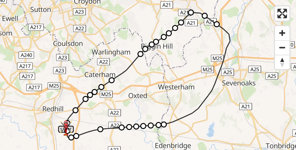 Flight route Air Ambulance Helicopter Redhill Aerodrome - Redhill Aerodrome, 14 August 2026, 08:51