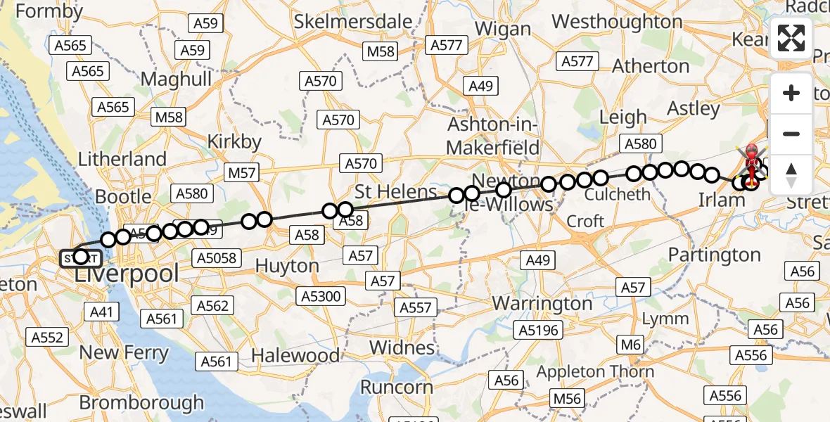 Flight route Air Ambulance Helicopter Wallasey - Manchester Barton Aerodrome, 14 August 2026, 09:03