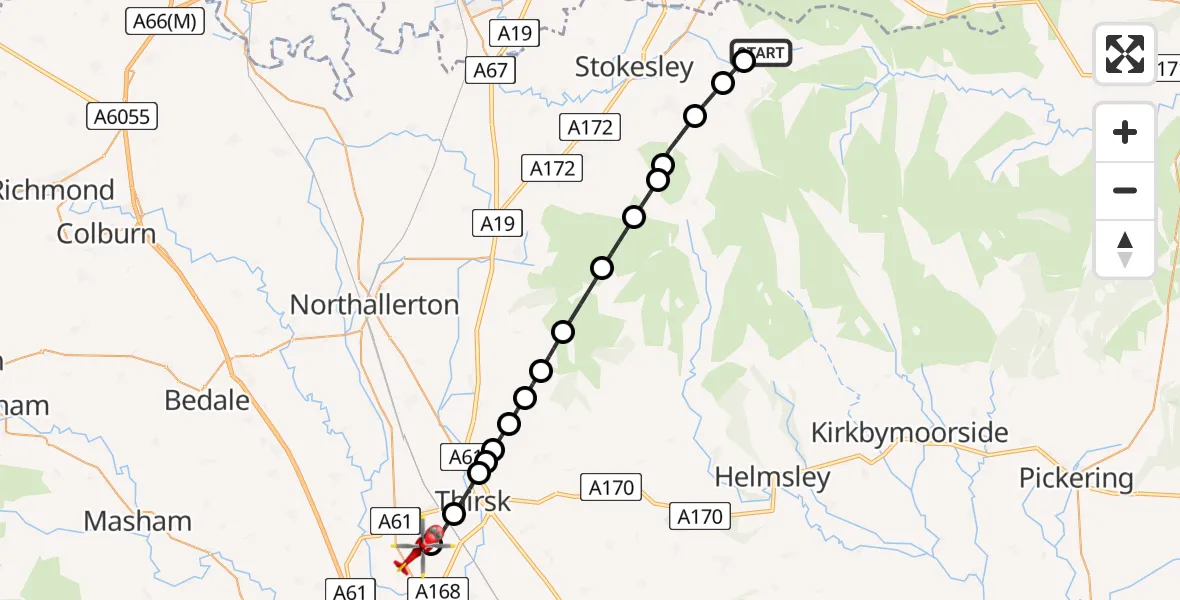 Flight route Air Ambulance Helicopter Kildale - RAF Topcliffe, 14 August 2026, 09:04