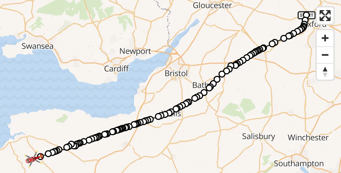 Flight route Air Ambulance Helicopter Cherwell - Burrington, 14 August 2026, 09:32