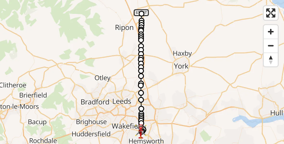 Flight route Air Ambulance Helicopter RAF Topcliffe - YAA Nostell Helicopter Port, 14 August 2026, 09:40