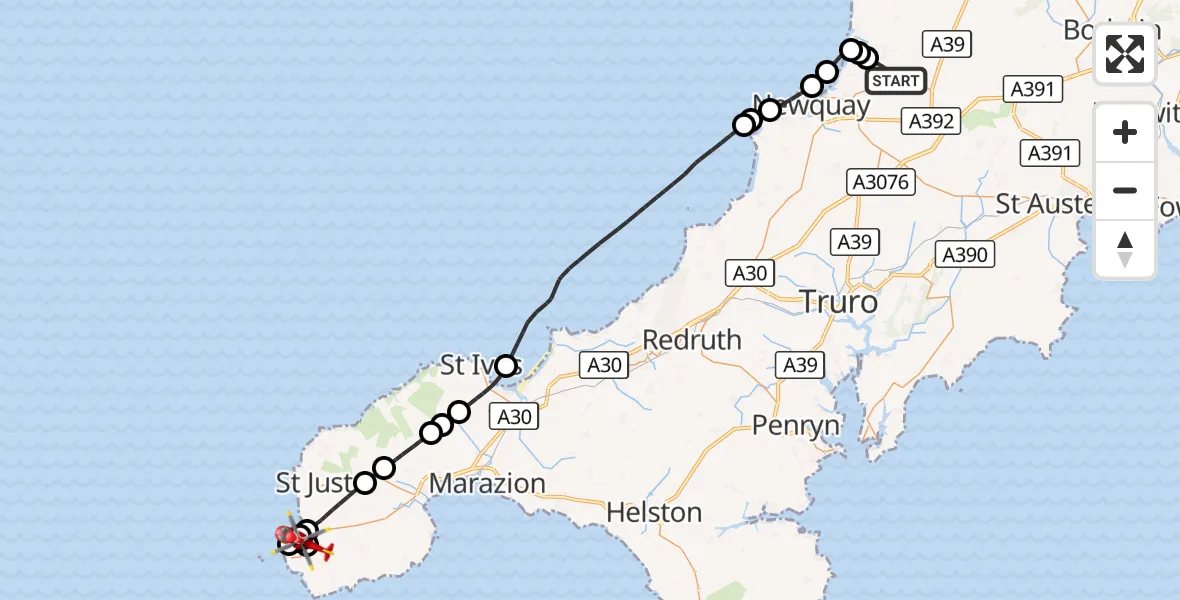 Flight route Air Ambulance Helicopter Cornwall Airport Newquay - Mayon, 14 August 2026, 09:54
