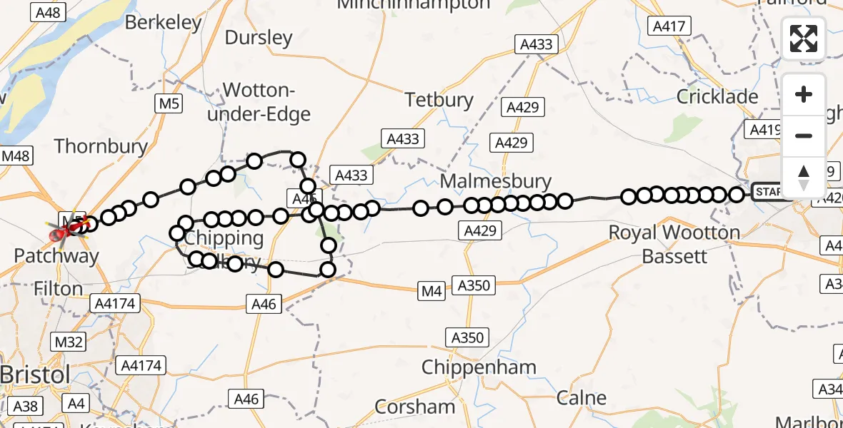 Flight route Air Ambulance Helicopter Swindon - Almondsbury Helicopter Base, 14 August 2026, 09:59