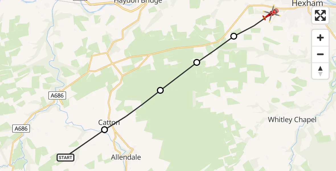 Flight route Air Ambulance Helicopter Allendale - Hexham, 14 August 2026, 10:06