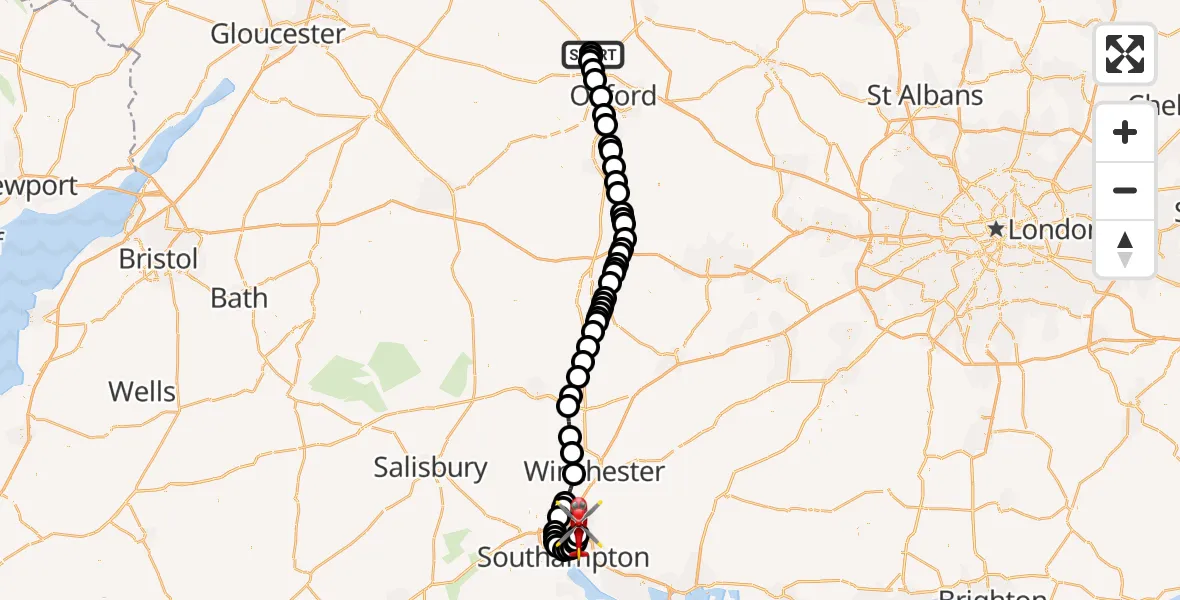 Flight route Air Ambulance Helicopter London Oxford Airport - Southampton Airport, 14 August 2026, 10:34