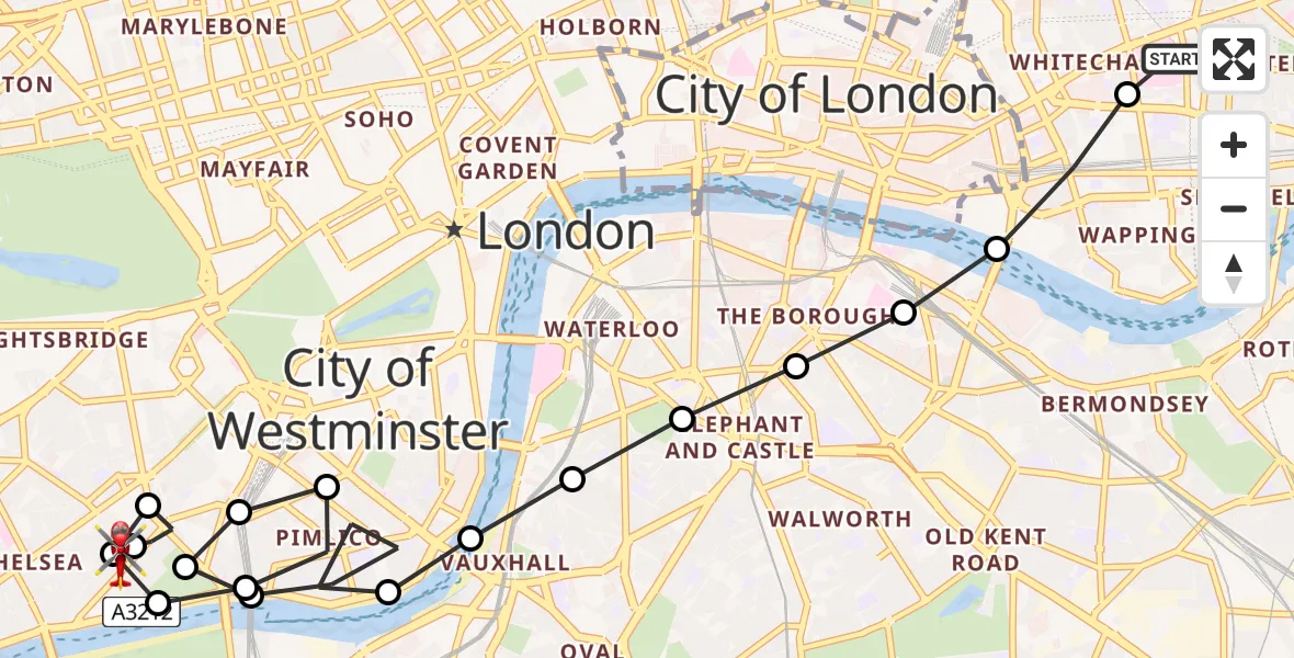 Flight route Air Ambulance Helicopter Royal London Hospital - Chelsea, 14 August 2026, 10:55