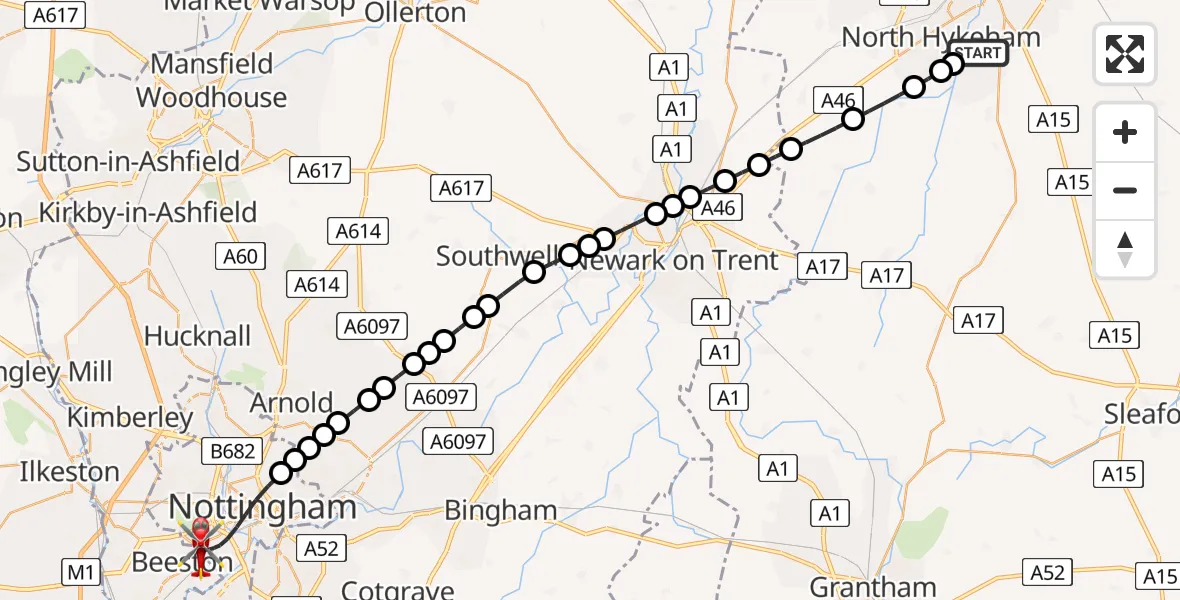 Flight route Air Ambulance Helicopter Waddington - City of Nottingham, 14 August 2026, 11:05