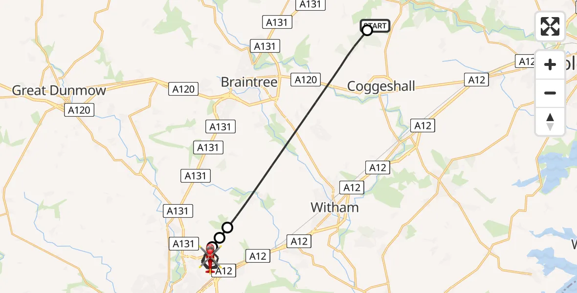 Flight route Air Ambulance Helicopter Earls Colne Airfield - Chelmsford, 14 August 2026, 11:05
