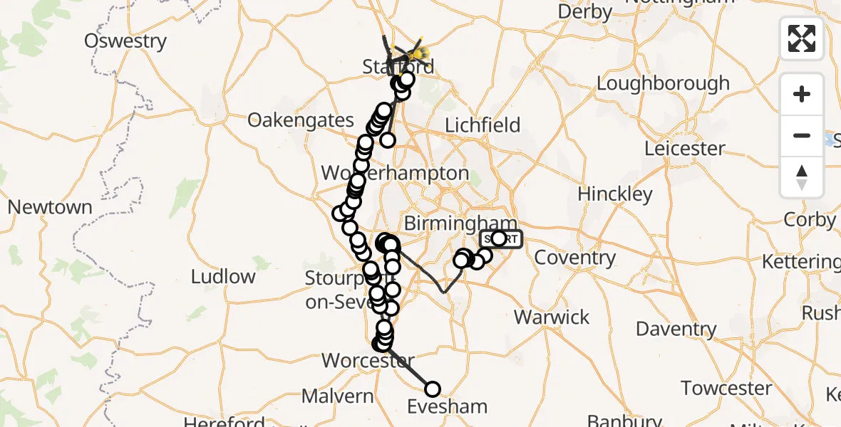 Flight route Police Helicopter Birmingham Airport - Stafford, 14 August 2026, 11:09