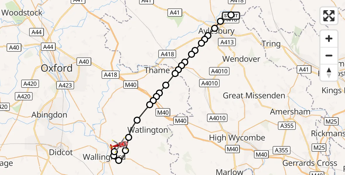 Flight route Air Ambulance Helicopter Hulcott - RAF Benson, 14 August 2026, 11:25