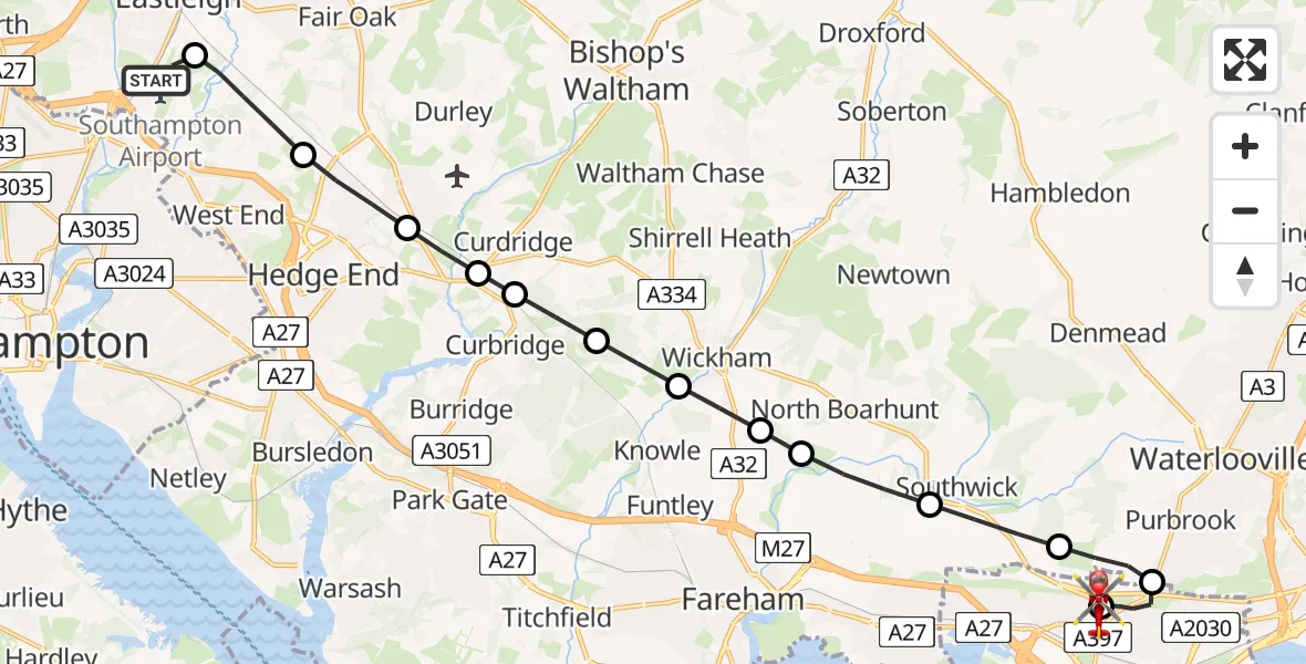 Flight route Air Ambulance Helicopter Southampton Airport - Queen Alexandra Hospital, 14 August 2026, 11:26