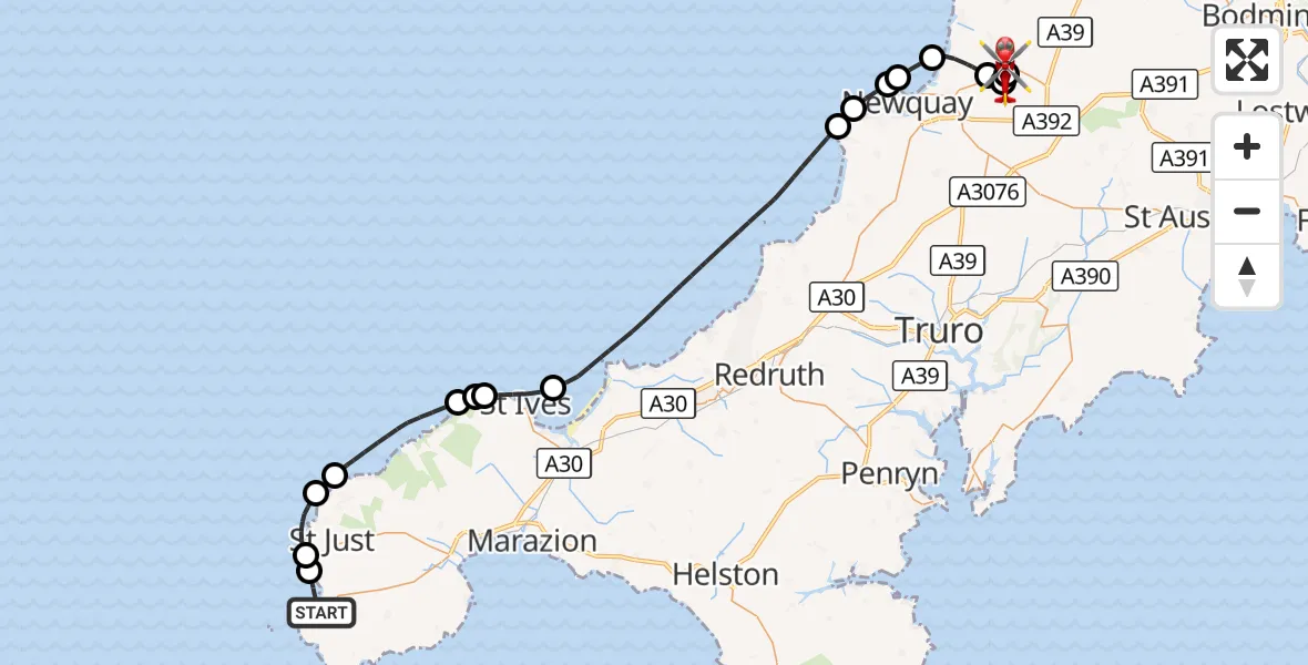 Flight route Air Ambulance Helicopter Mayon - Cornwall Airport Newquay, 14 August 2026, 11:31