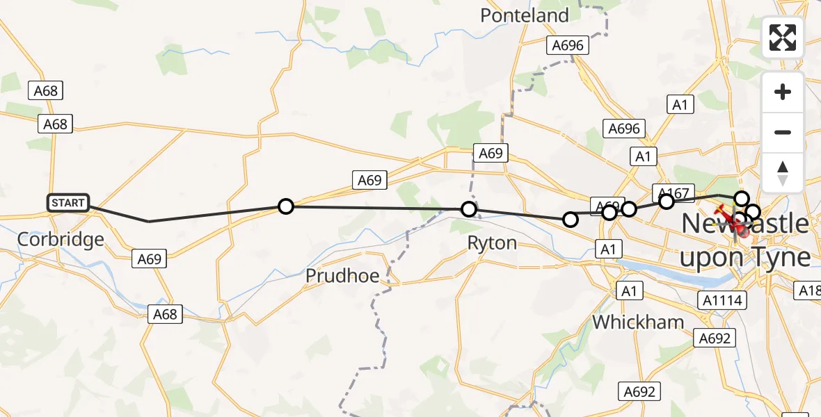Flight route Air Ambulance Helicopter Corbridge - Newcastle Royal Victoria Infirmary, 14 August 2026, 11:36