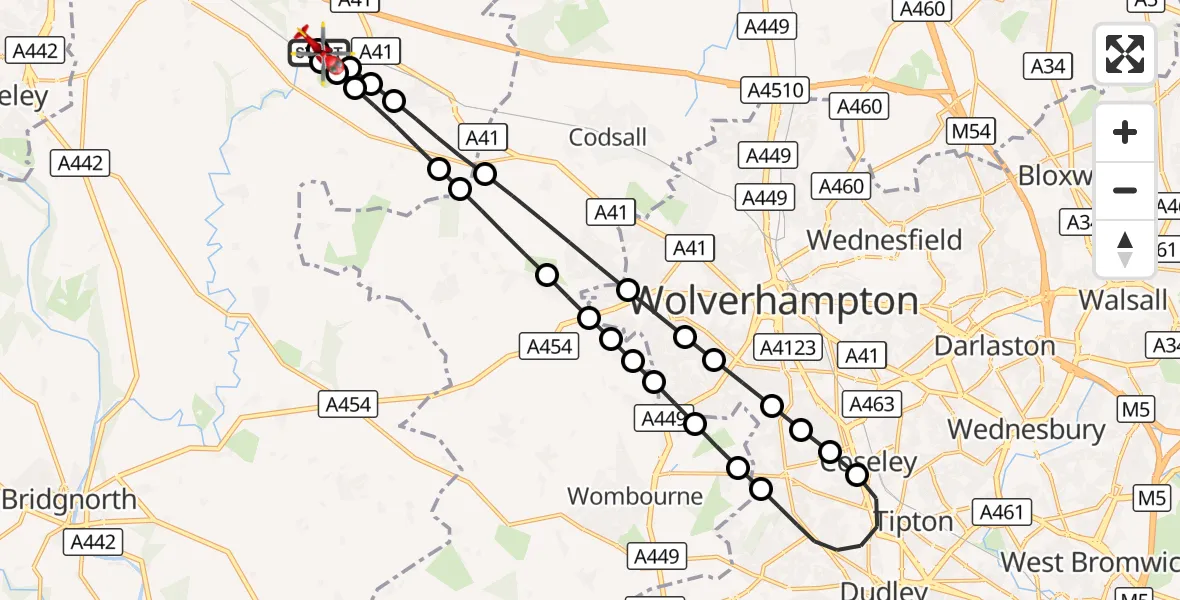 Flight route Air Ambulance Helicopter RAF Cosford - Cosford, 14 August 2026, 11:51