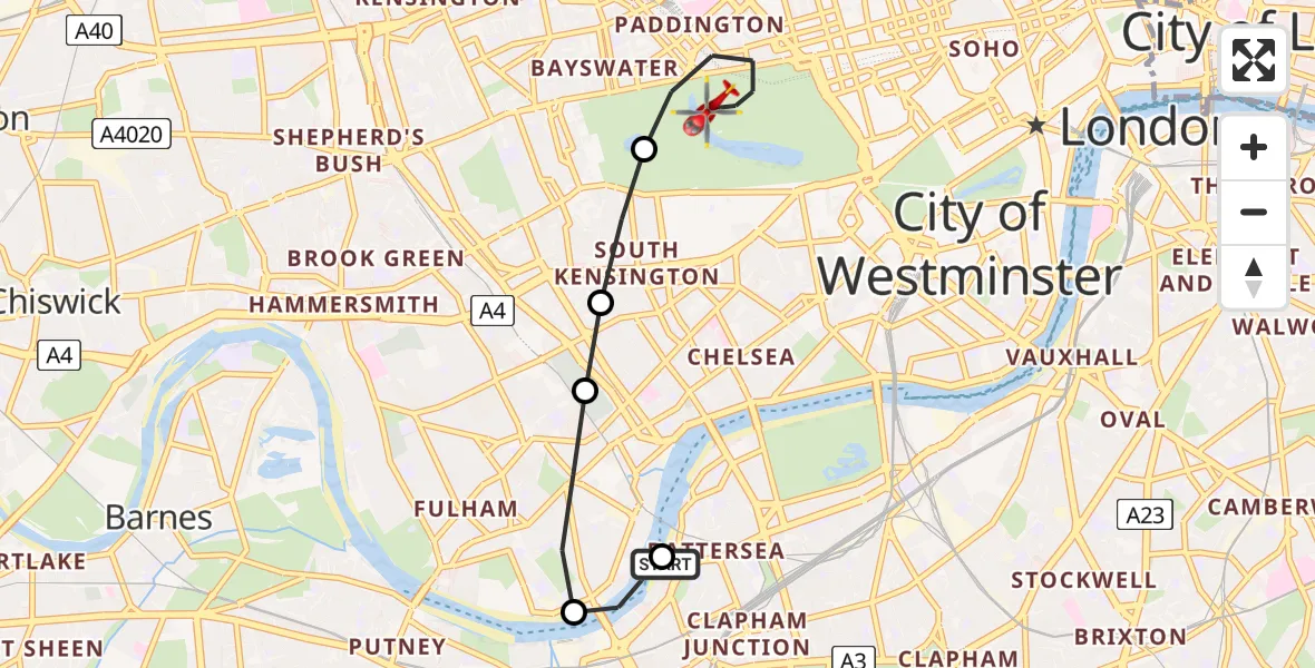 Flight route Air Ambulance Helicopter London Heliport - City of Westminster, 14 August 2026, 11:57