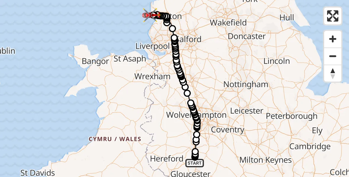 Flight route Air Ambulance Helicopter Tewkesbury - Lytham St Annes, 14 August 2026, 12:00