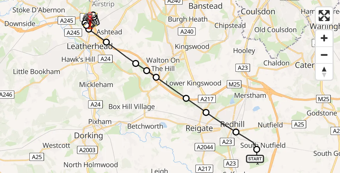 Flight route Air Ambulance Helicopter Redhill Aerodrome - Ashtead, 14 August 2026, 12:02