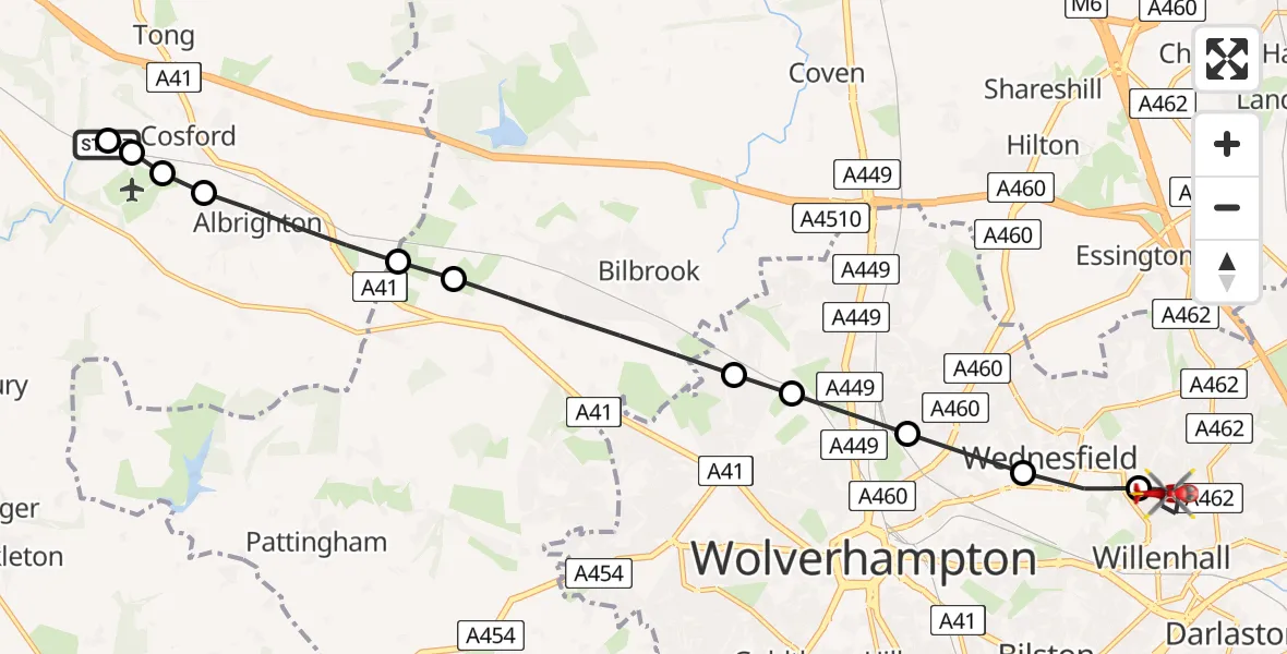 Flight route Air Ambulance Helicopter RAF Cosford - Willenhall, 14 August 2026, 12:14