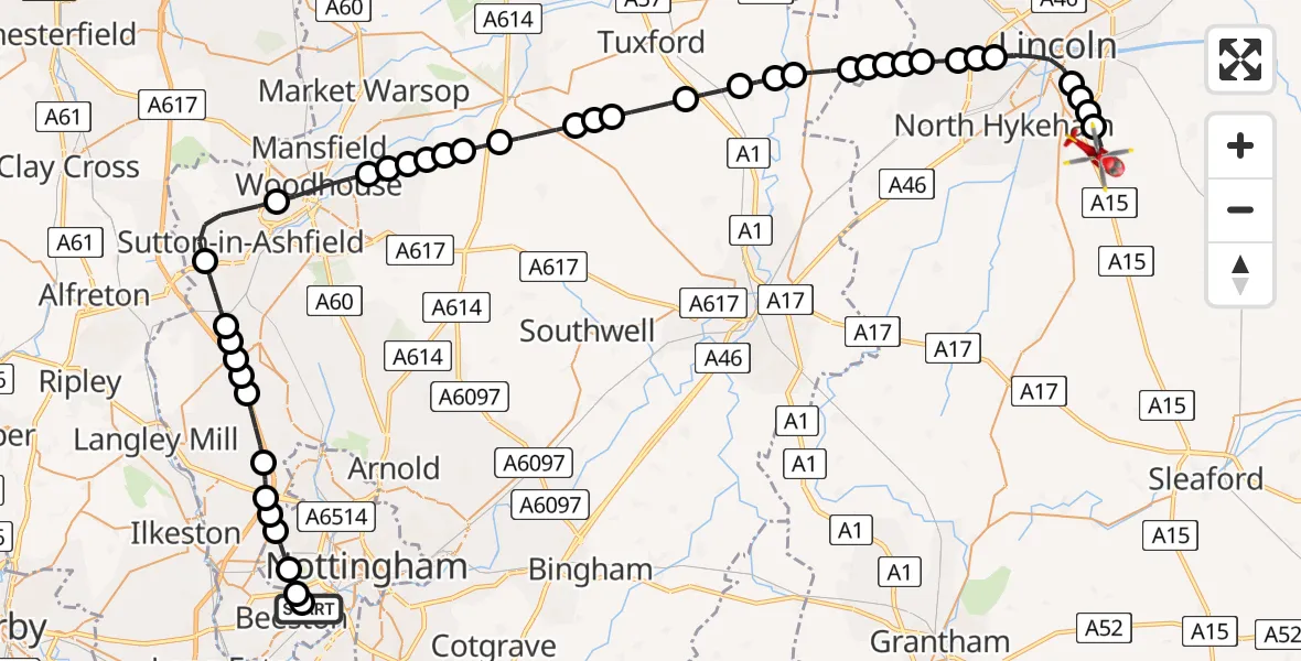 Flight route Air Ambulance Helicopter City of Nottingham - North Kesteven, 14 August 2026, 12:20