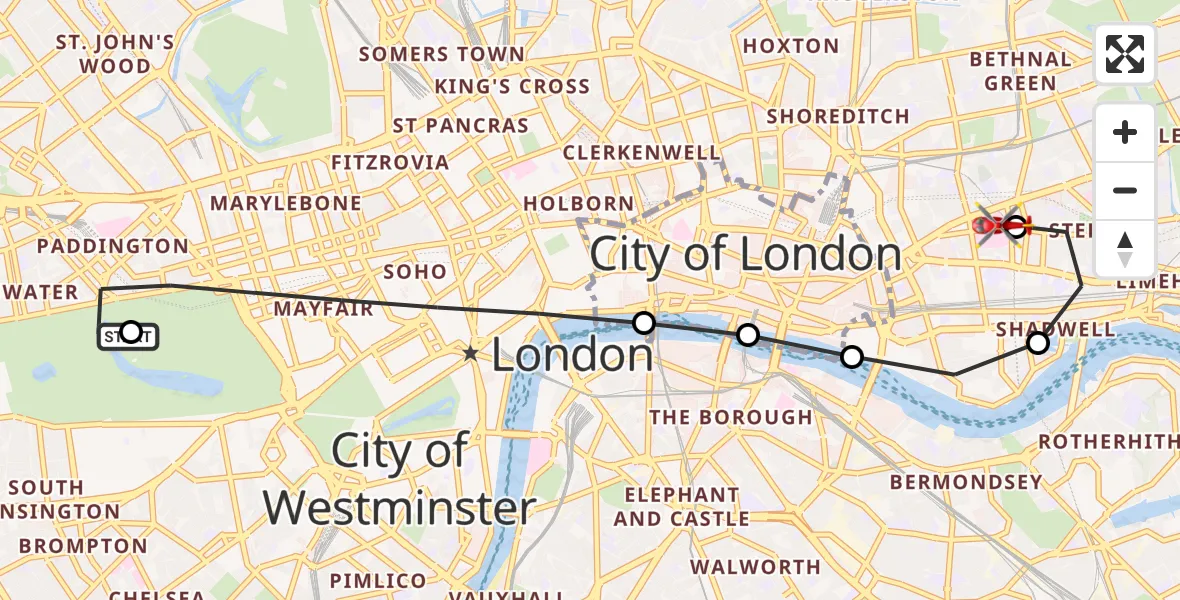Flight route Air Ambulance Helicopter City of Westminster - Royal London Hospital, 14 August 2026, 12:25
