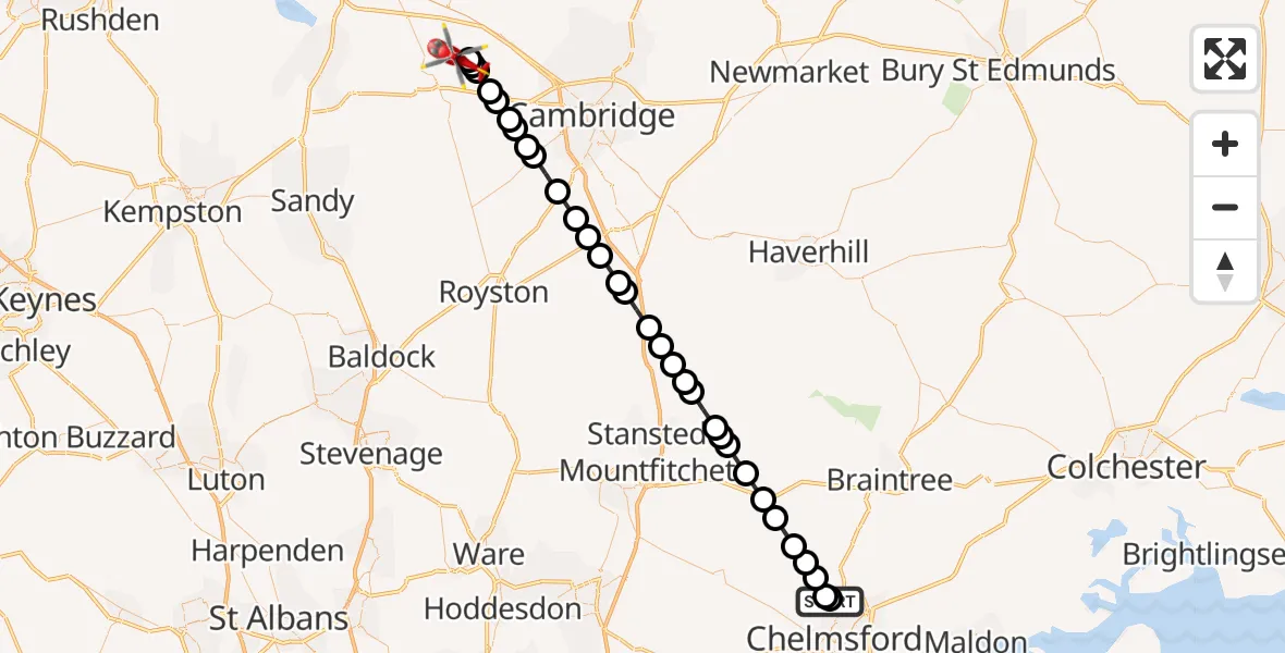 Flight route Air Ambulance Helicopter Broomfield Hospital - Elsworth, 14 August 2026, 12:28